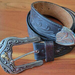 VTG Tony Lama Size 42 Artisan Westerly Ride Top Grain Ornate Buckle Leather Belt